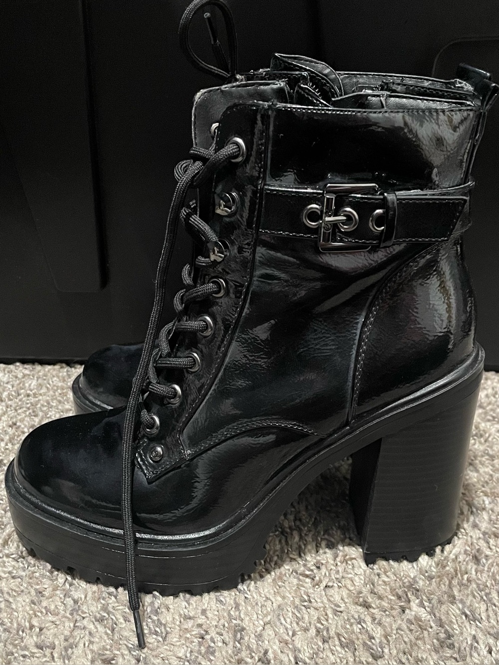 GBG Los Angeles Black Patent Lace-Up Platform Ankle Boots
